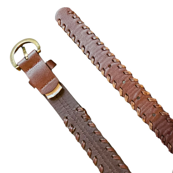 Vintage Faux Vegan leather brown woven skinny western belt gold brass M 34 - Picture 5 of 6